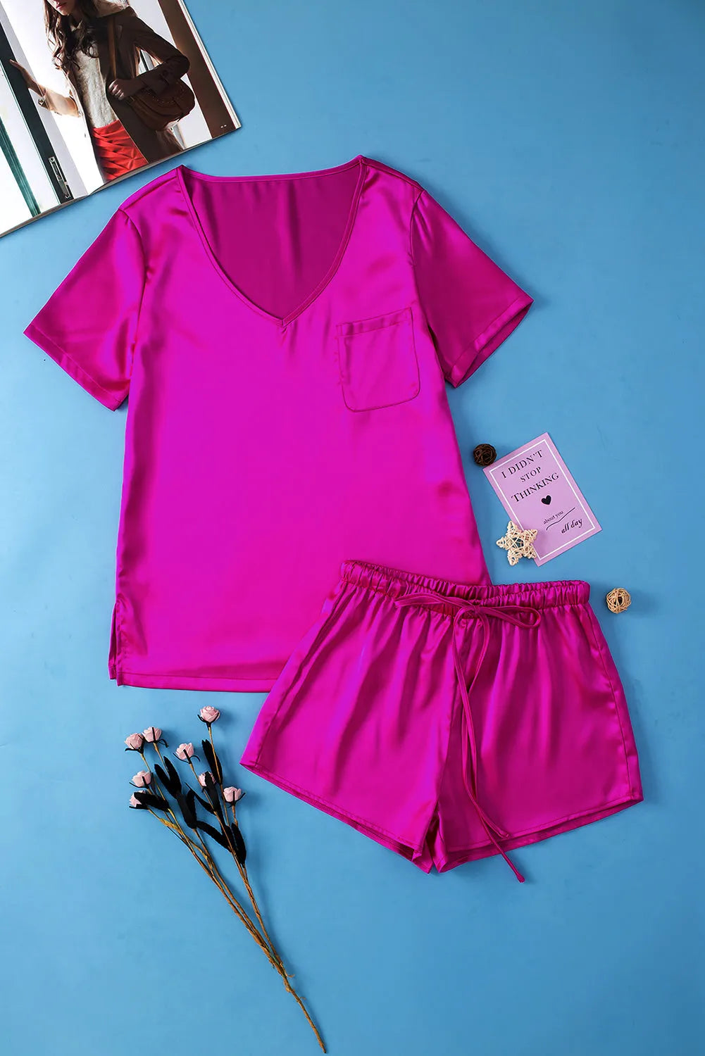 Bright Pink Satin V Neck Tee and Drawstring Shorts Set Loungewear & Sleepwear/Sleepwear - Tophatter Daily Deals