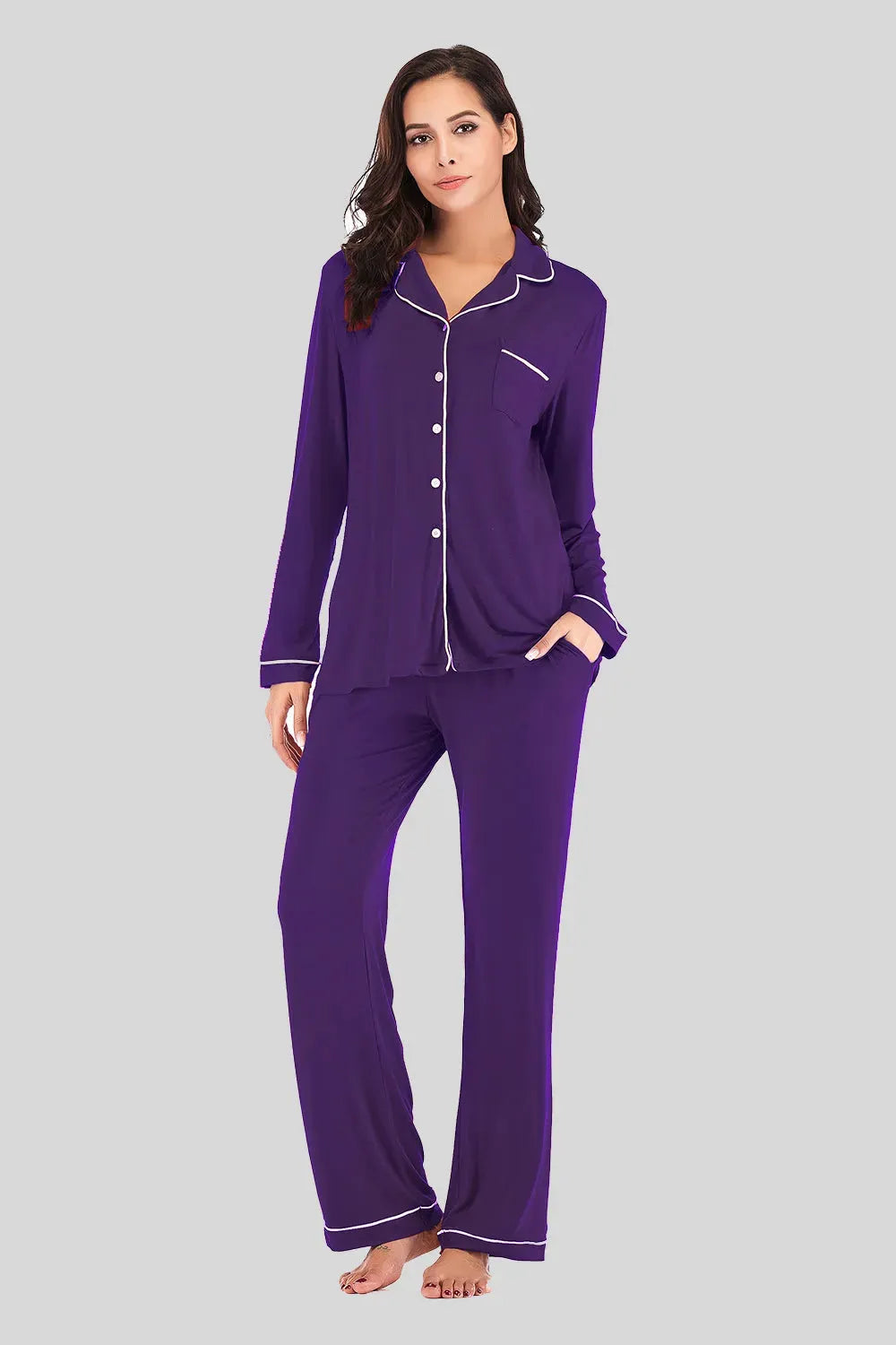 Collared Neck Long Sleeve Loungewear Set with Pockets Loungewear Sets - Tophatter Daily Deals