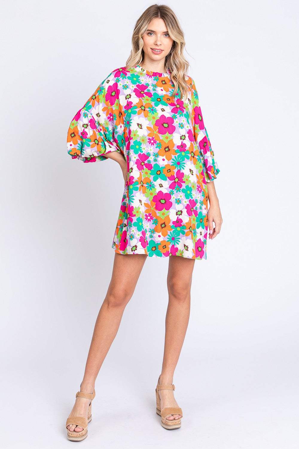 GeeGee Full Size Floral Round Neck Lantern Sleeve Mini Dress Casual Dresses - Tophatter Daily Deals