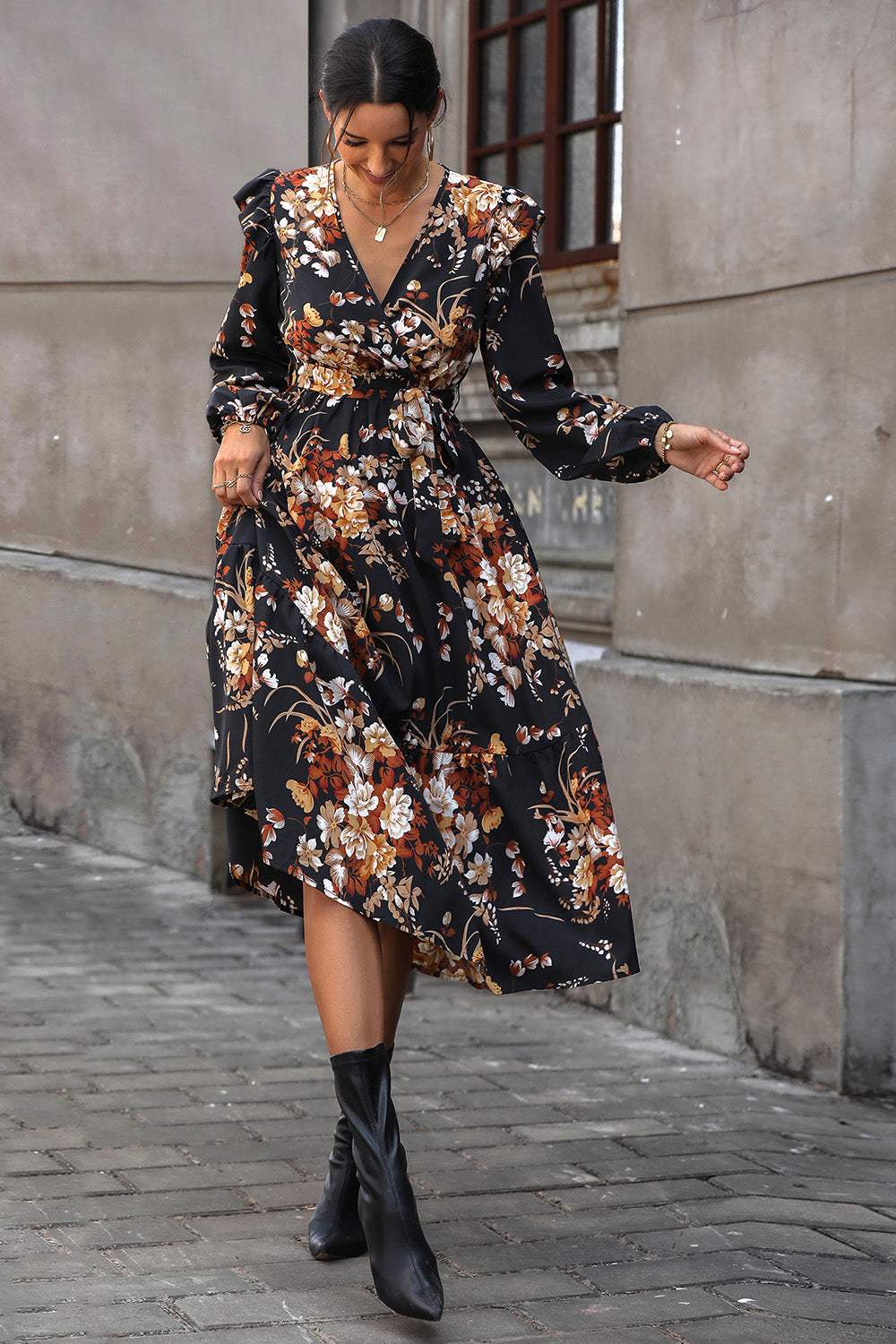 Floral Surplice Tie Front Ruffle Hem Midi Dress Casual Dresses - Tophatter Daily Deals