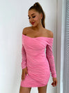 Glitter Ruched Off-Shoulder Long Sleeve Bodycon Dress Pink Cocktail Dresses - Tophatter Daily Deals