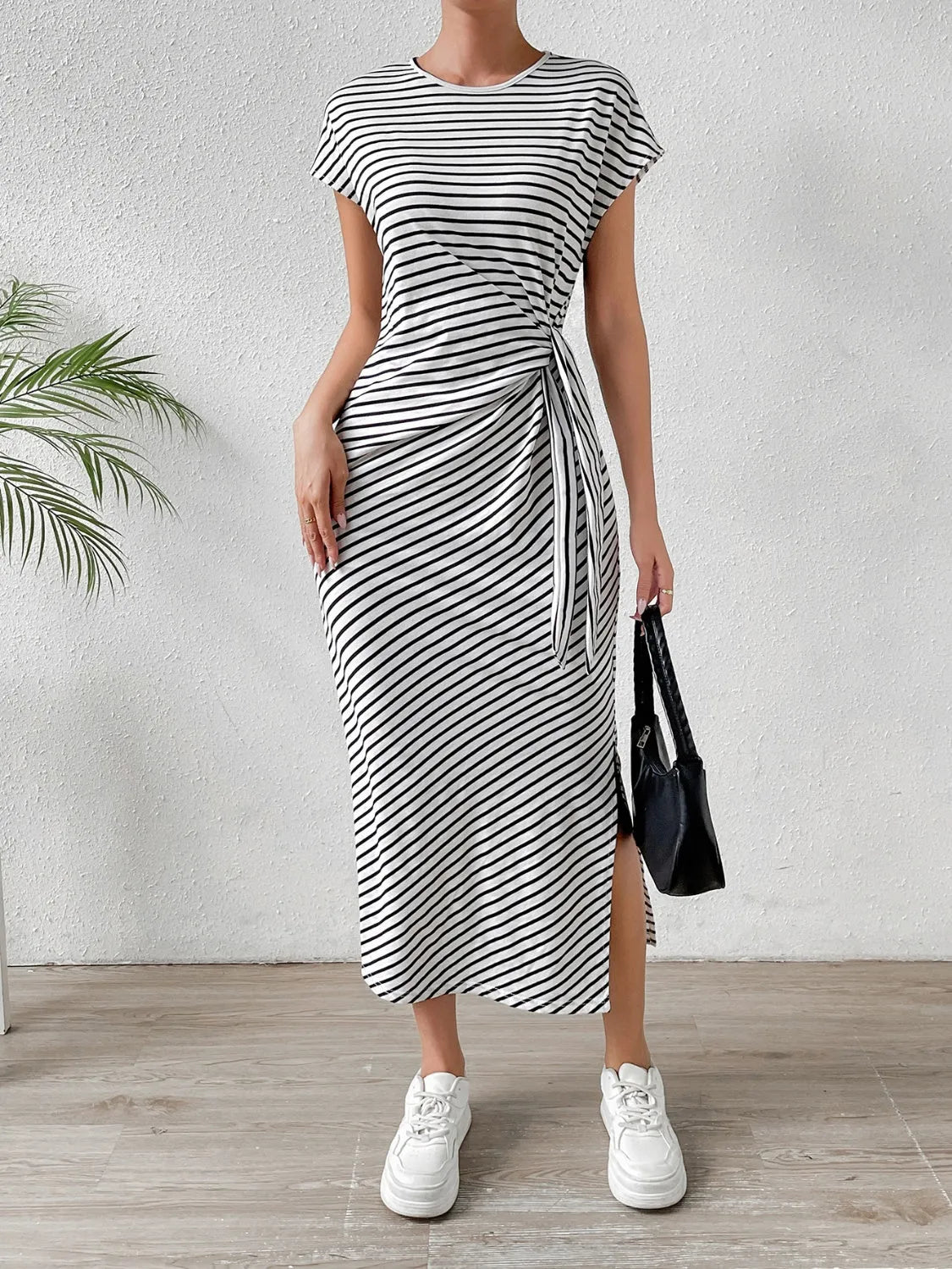 Tied Striped Round Neck Short Sleeve Tee Dress Casual Dresses - Tophatter Daily Deals