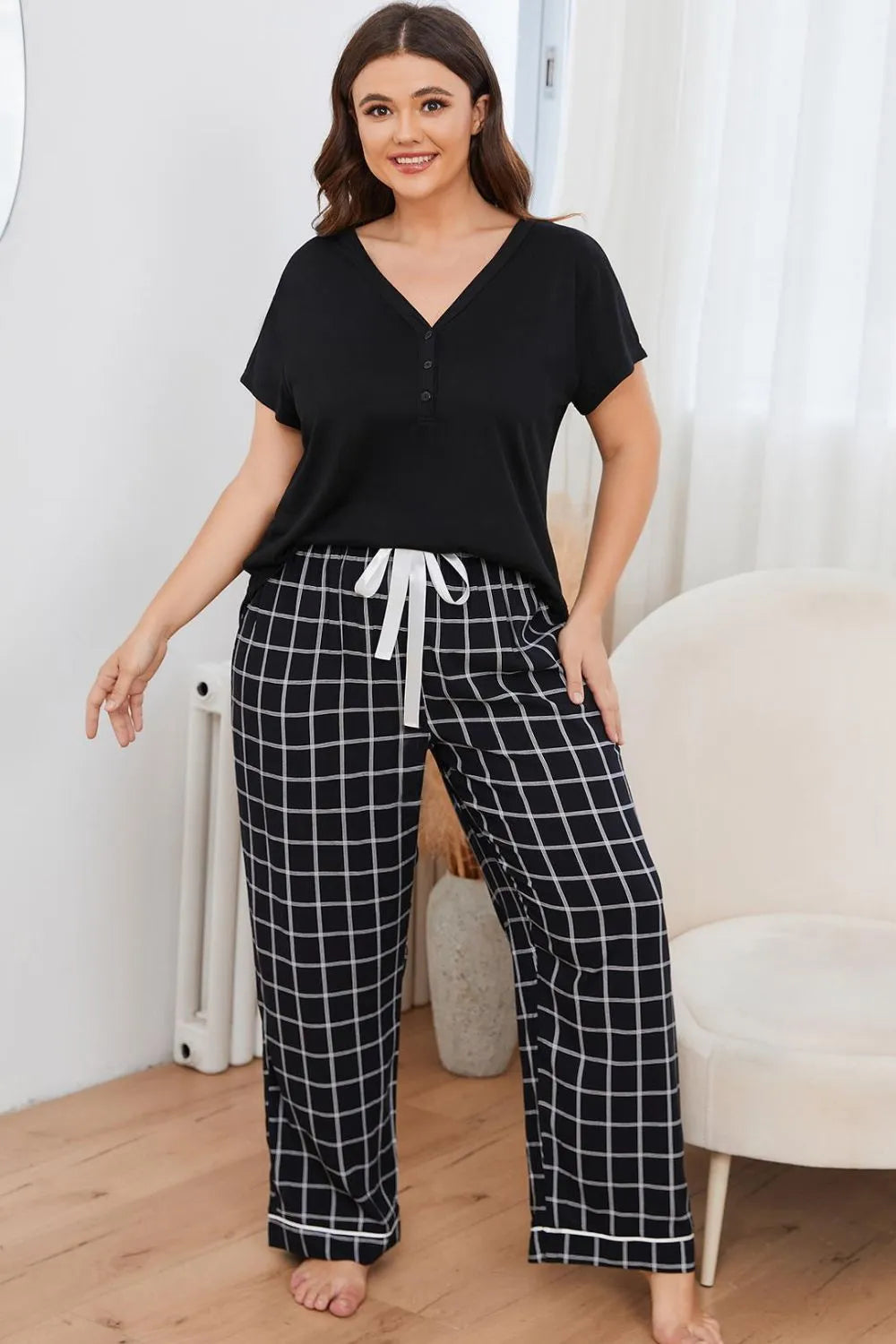 Plus Size V-Neck Top and Plaid Pants Lounge Set Loungewear Sets - Tophatter Daily Deals