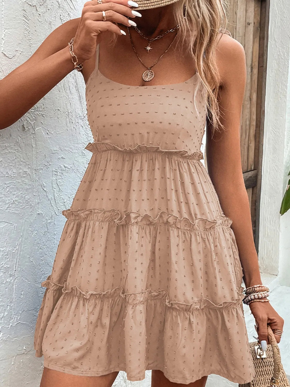 Frill Spaghetti Strap Tiered Dress Pale Blush Casual Dresses - Tophatter Daily Deals