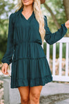 Frill Tie Neck Balloon Sleeve Dress Deep Teal Casual Dresses - Tophatter Daily Deals