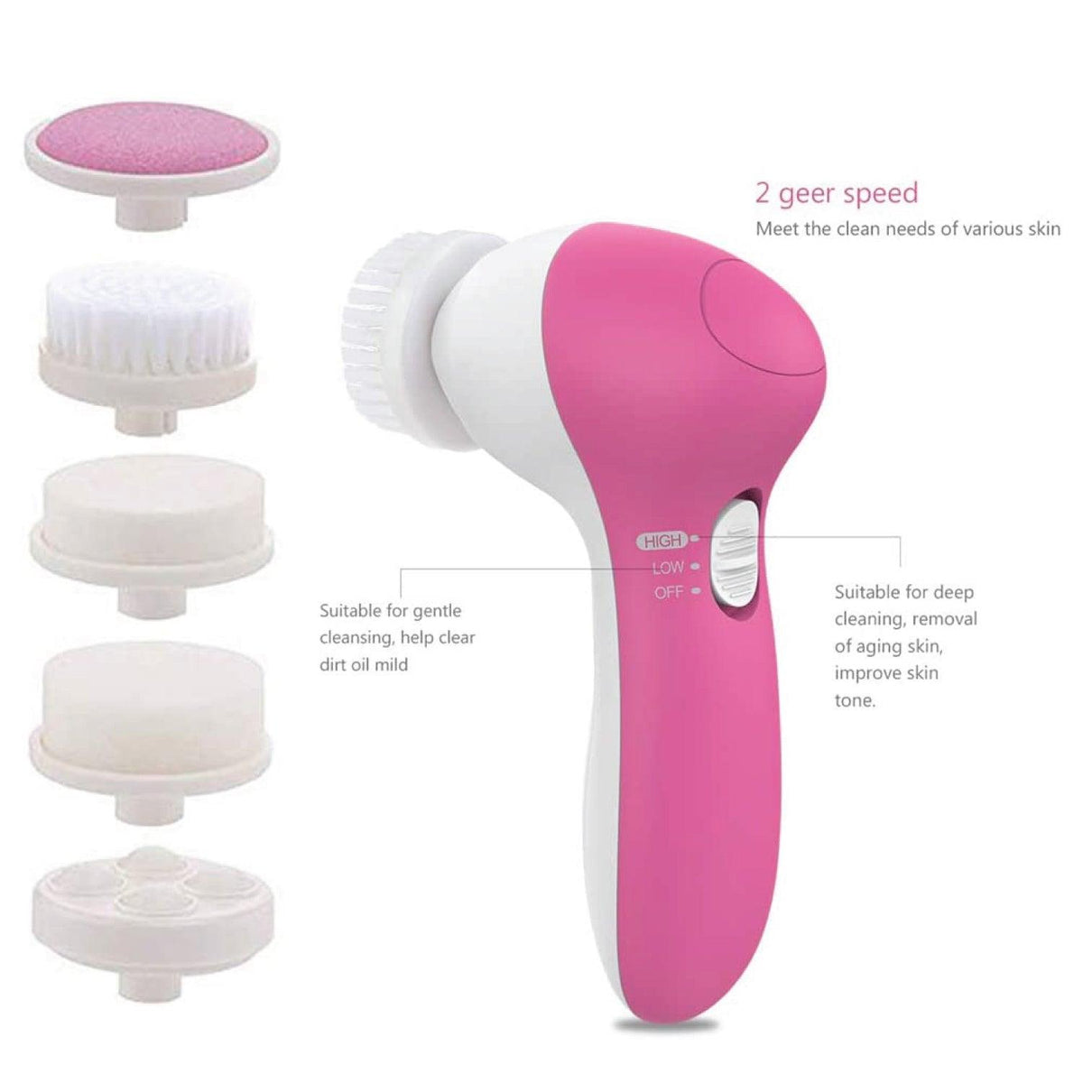 Facial Cleansing Brush - 5 in 1 Electric Facial Cleaner Wash Face Brusher Hand Skin Exfoliation Massager Personal Care - Tophatter Daily Deals