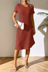 Ribbed Asymmetrical Neck Short Sleeve Dress Red Orange Casual Dresses - Tophatter Daily Deals