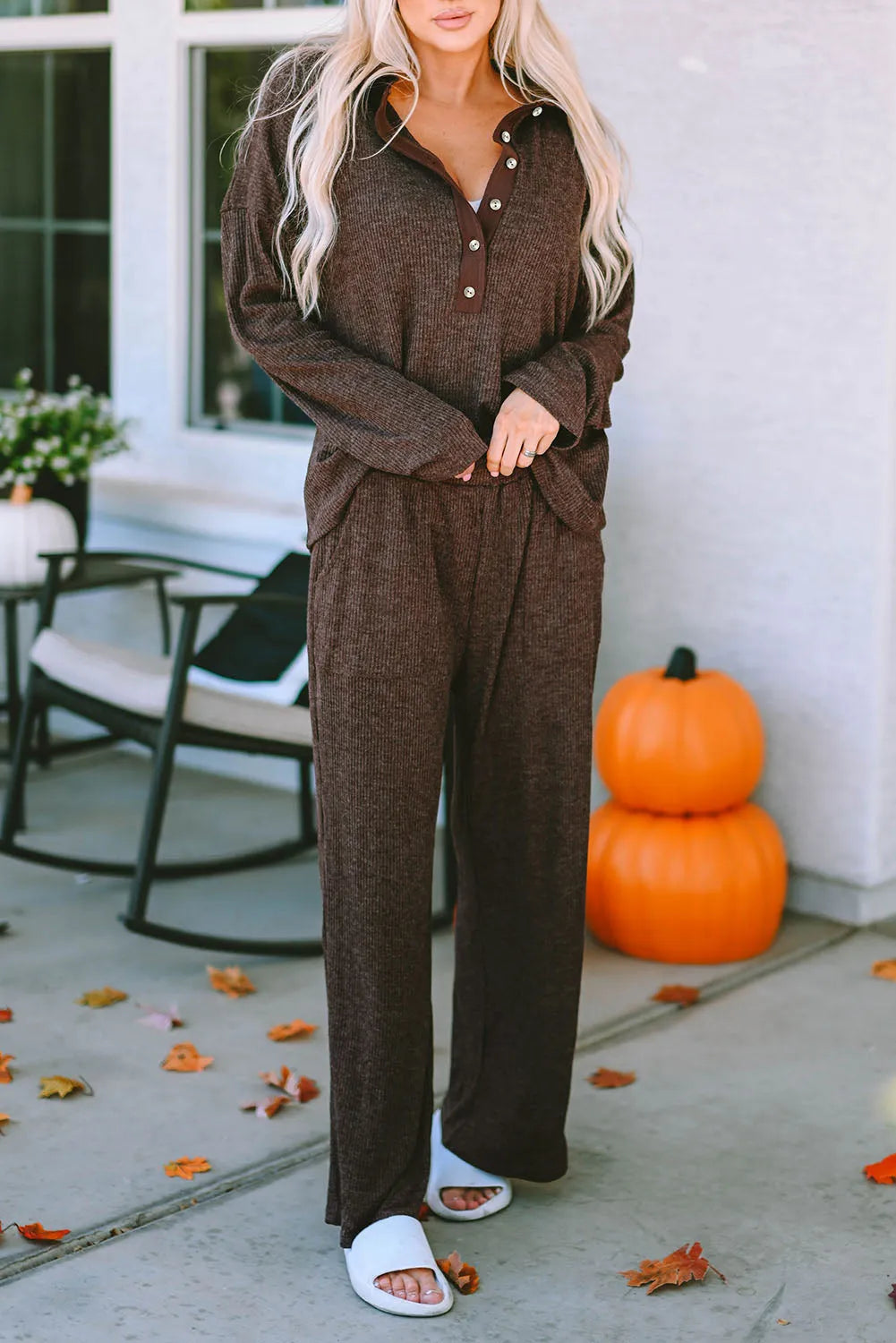 Brown Ribbed Knit Collared Henley Top and Pants Lounge Outfit Loungewear & Sleepwear/Loungewear - Tophatter Daily Deals