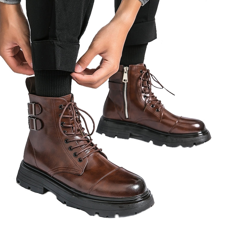 Fashion Brown Leather Men's High Boots BOOTS - Tophatter Daily Deals