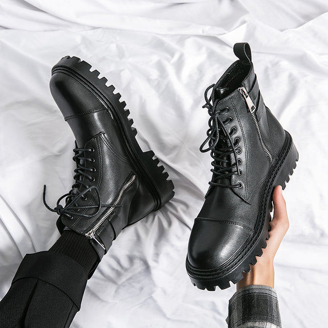 Fashion Brown Leather Men's High Boots Black BOOTS - Tophatter Daily Deals