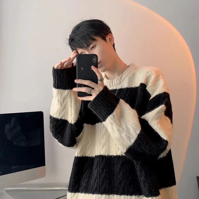 Fashion Knit Sweater O-Neck Patchwork Striped Tops Men's Clothing - Tophatter Daily Deals