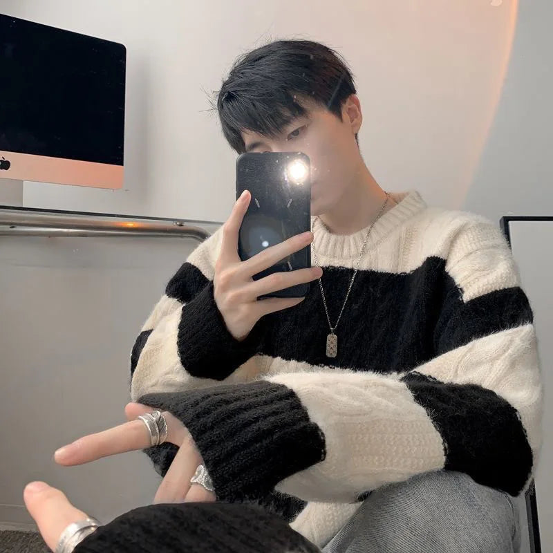 Fashion Knit Sweater O-Neck Patchwork Striped Tops Black Men's Clothing - Tophatter Daily Deals