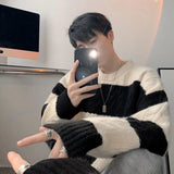 Fashion Knit Sweater O-Neck Patchwork Striped Tops Black Men's Clothing - Tophatter Daily Deals
