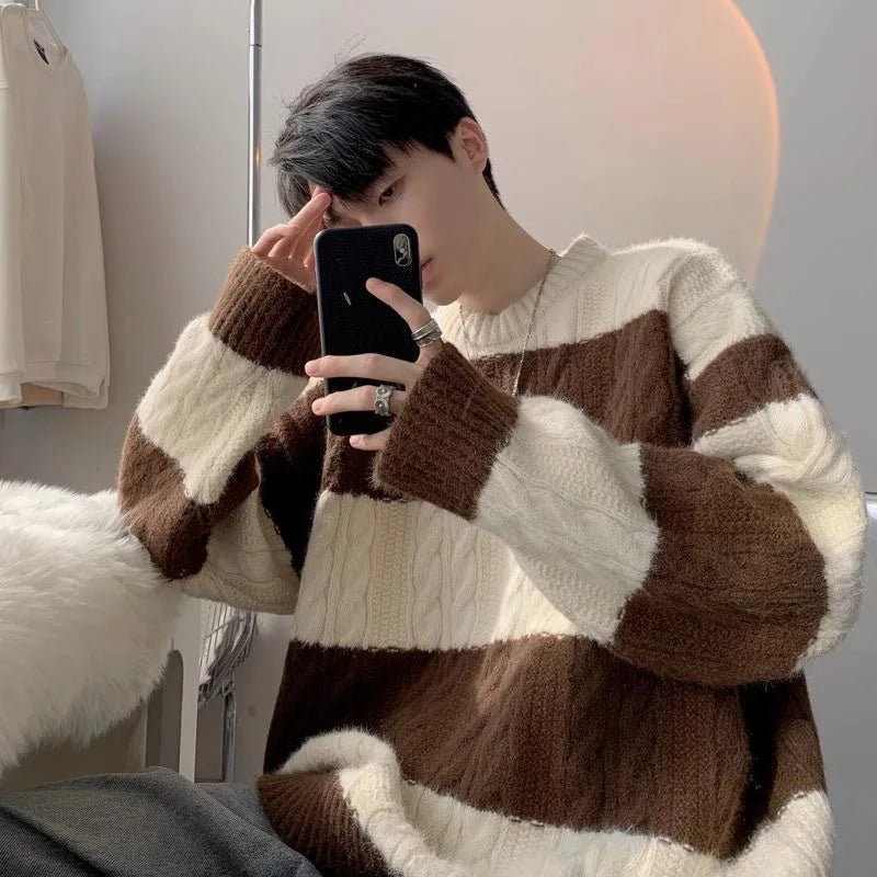 Fashion Knit Sweater O-Neck Patchwork Striped Tops Brown Men's Clothing - Tophatter Daily Deals
