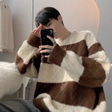 Fashion Knit Sweater O-Neck Patchwork Striped Tops Brown Men's Clothing - Tophatter Daily Deals