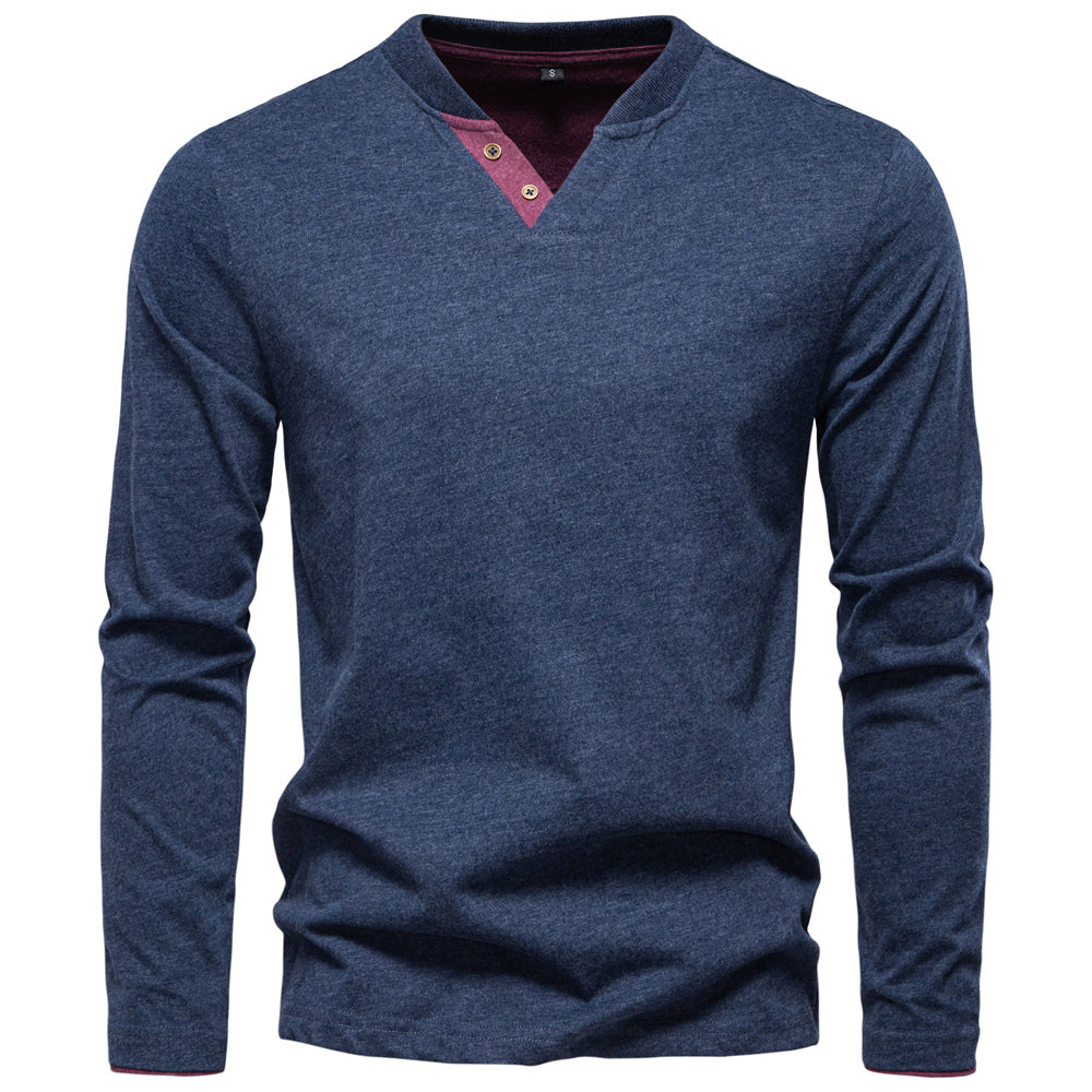 Fashion Long Sleeve Cotton Men T Shirts Navy Blue Men's Clothing - Tophatter Daily Deals