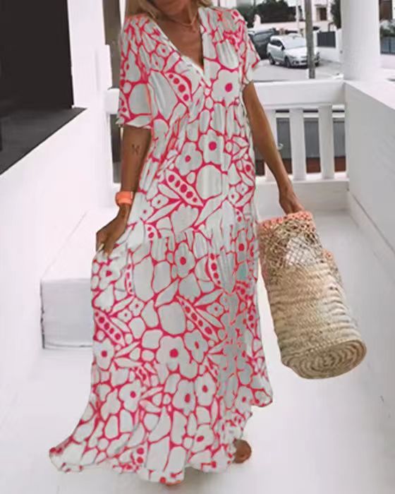 Fashion Printed Short Sleeve Long Dress Maxi Dresses - Tophatter Daily Deals