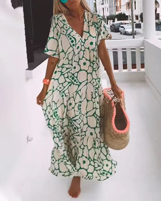 Fashion Printed Short Sleeve Long Dress Maxi Dresses - Tophatter Daily Deals