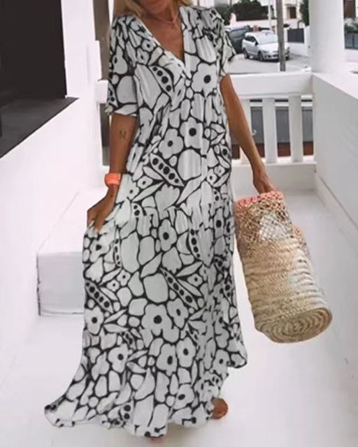 Fashion Printed Short Sleeve Long Dress Black Maxi Dresses - Tophatter Daily Deals