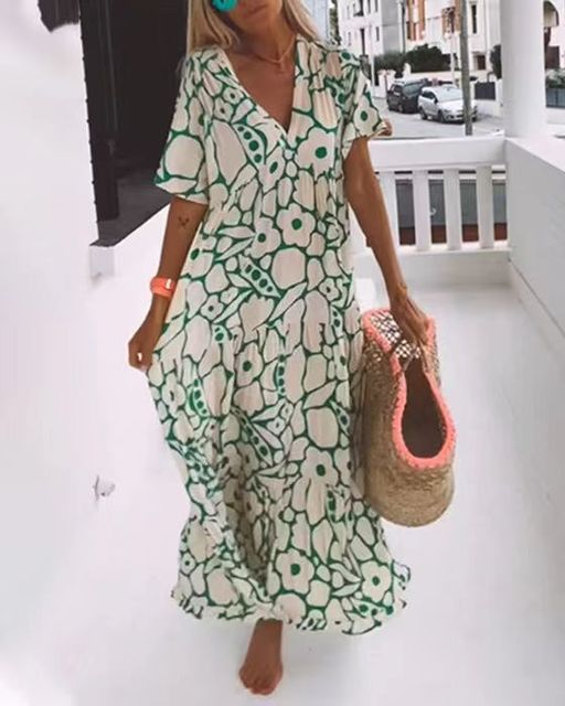 Fashion Printed Short Sleeve Long Dress Green Maxi Dresses - Tophatter Daily Deals