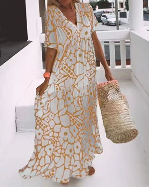 Fashion Printed Short Sleeve Long Dress Yellow Maxi Dresses - Tophatter Daily Deals