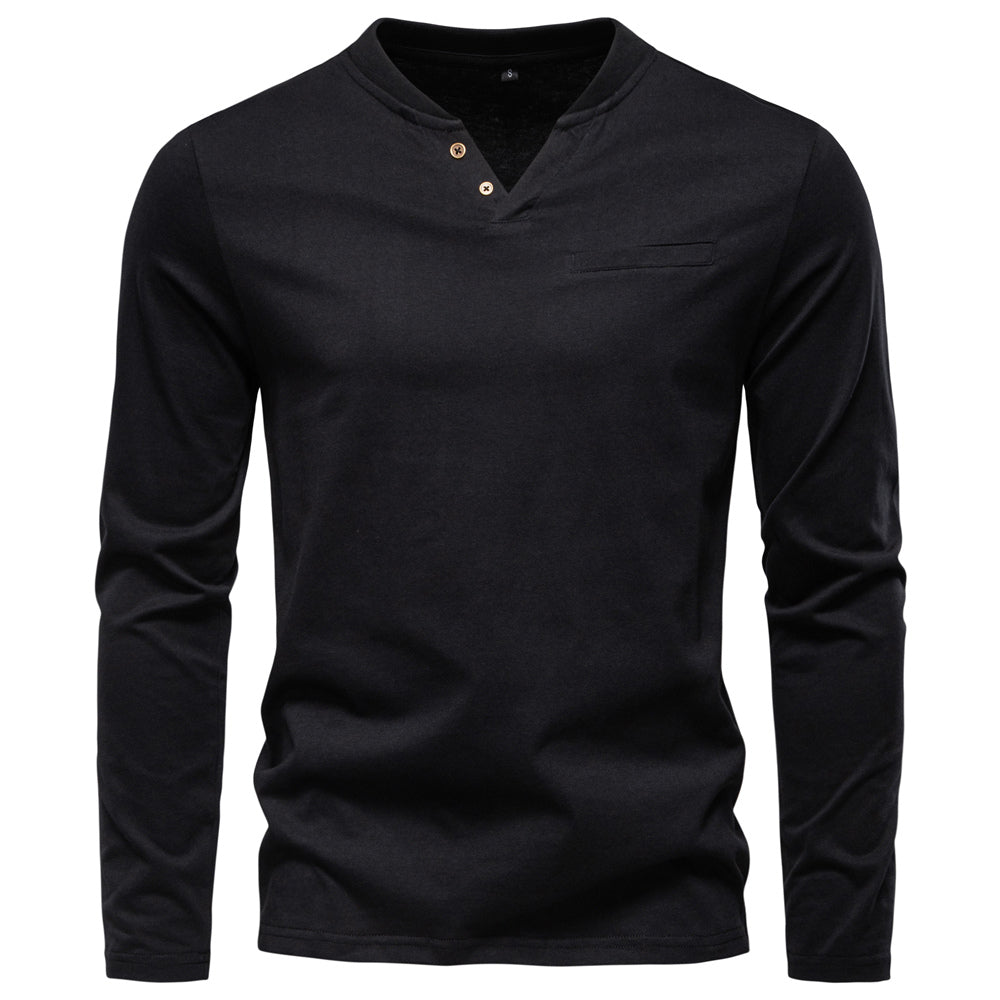 Fashion Pure Cotton Henley Collar Long T Shirt Black Men's Clothing - Tophatter Daily Deals