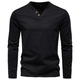 Fashion Pure Cotton Henley Collar Long T Shirt Black Men's Clothing - Tophatter Daily Deals