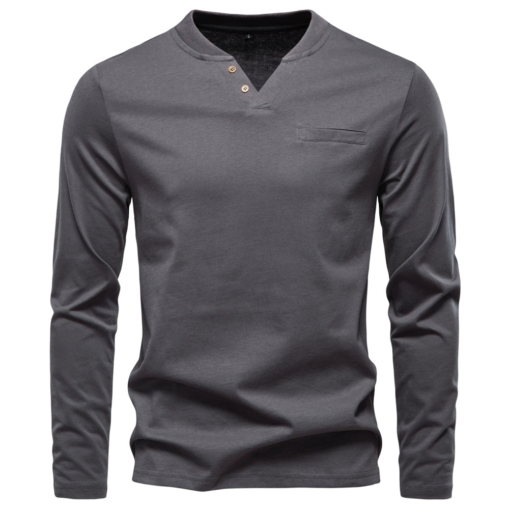 Fashion Pure Cotton Henley Collar Long T Shirt Dark Grey Men's Clothing - Tophatter Daily Deals
