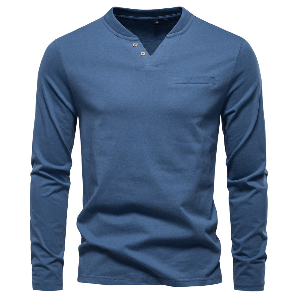 Fashion Pure Cotton Henley Collar Long T Shirt Blue Men's Clothing - Tophatter Daily Deals