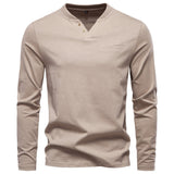 Fashion Pure Cotton Henley Collar Long T Shirt Khaki Men's Clothing - Tophatter Daily Deals