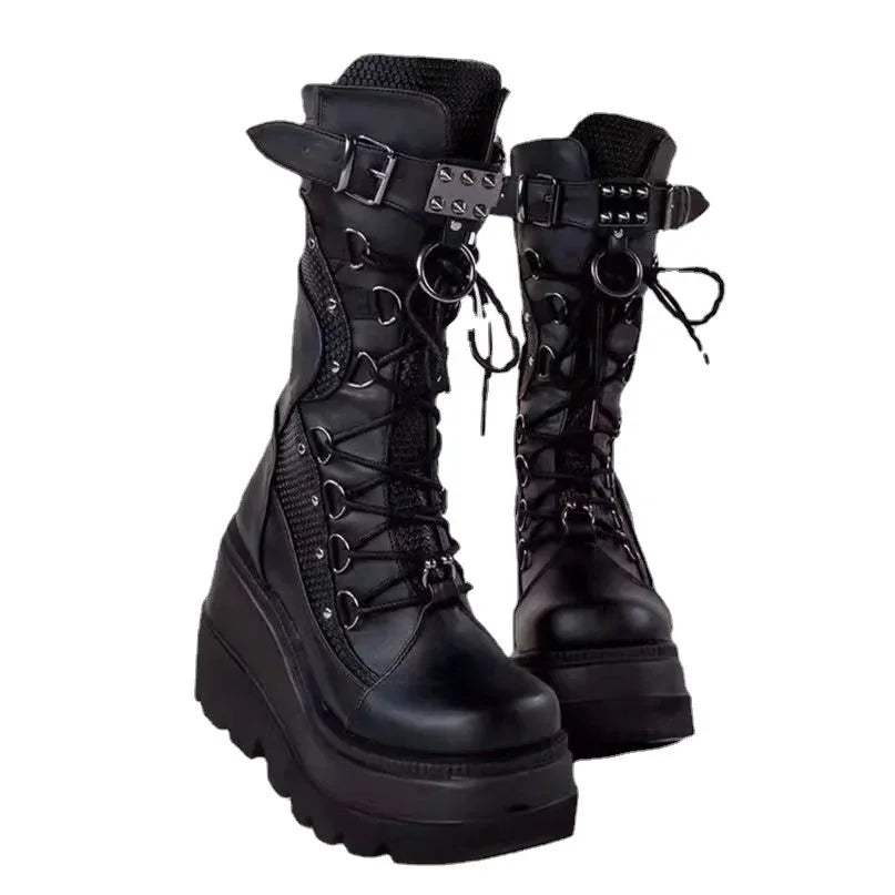 Fashion Rivet Buckle Punk Wedges High Heels Party Cosplay Boots Boots - Tophatter Daily Deals