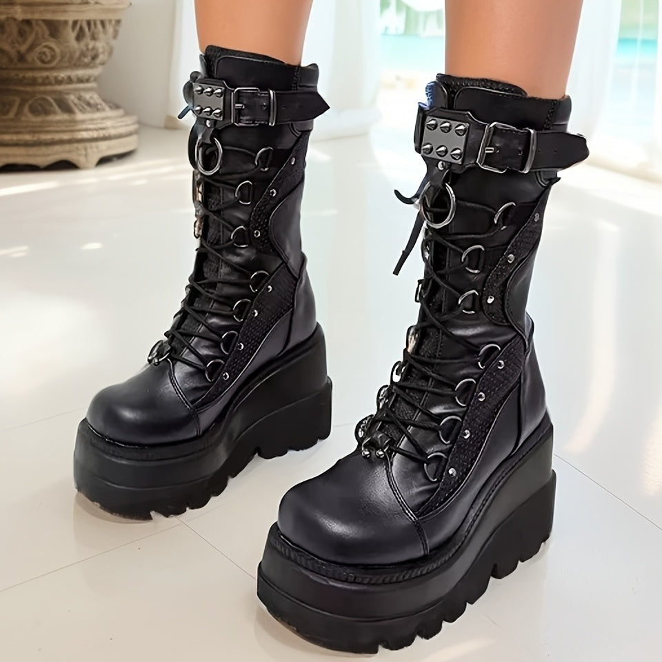 Fashion Rivet Buckle Punk Wedges High Heels Party Cosplay Boots Boots - Tophatter Daily Deals