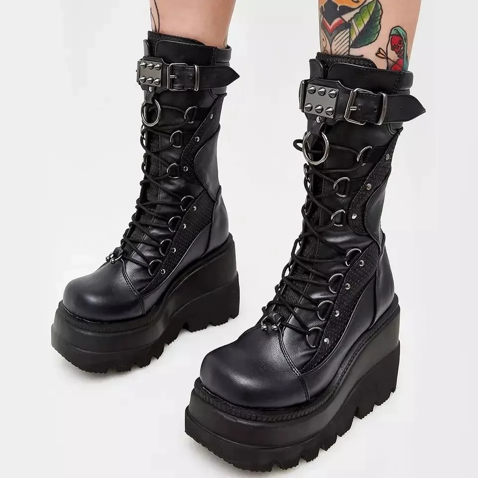 Fashion Rivet Buckle Punk Wedges High Heels Party Cosplay Boots Black Boots - Tophatter Daily Deals