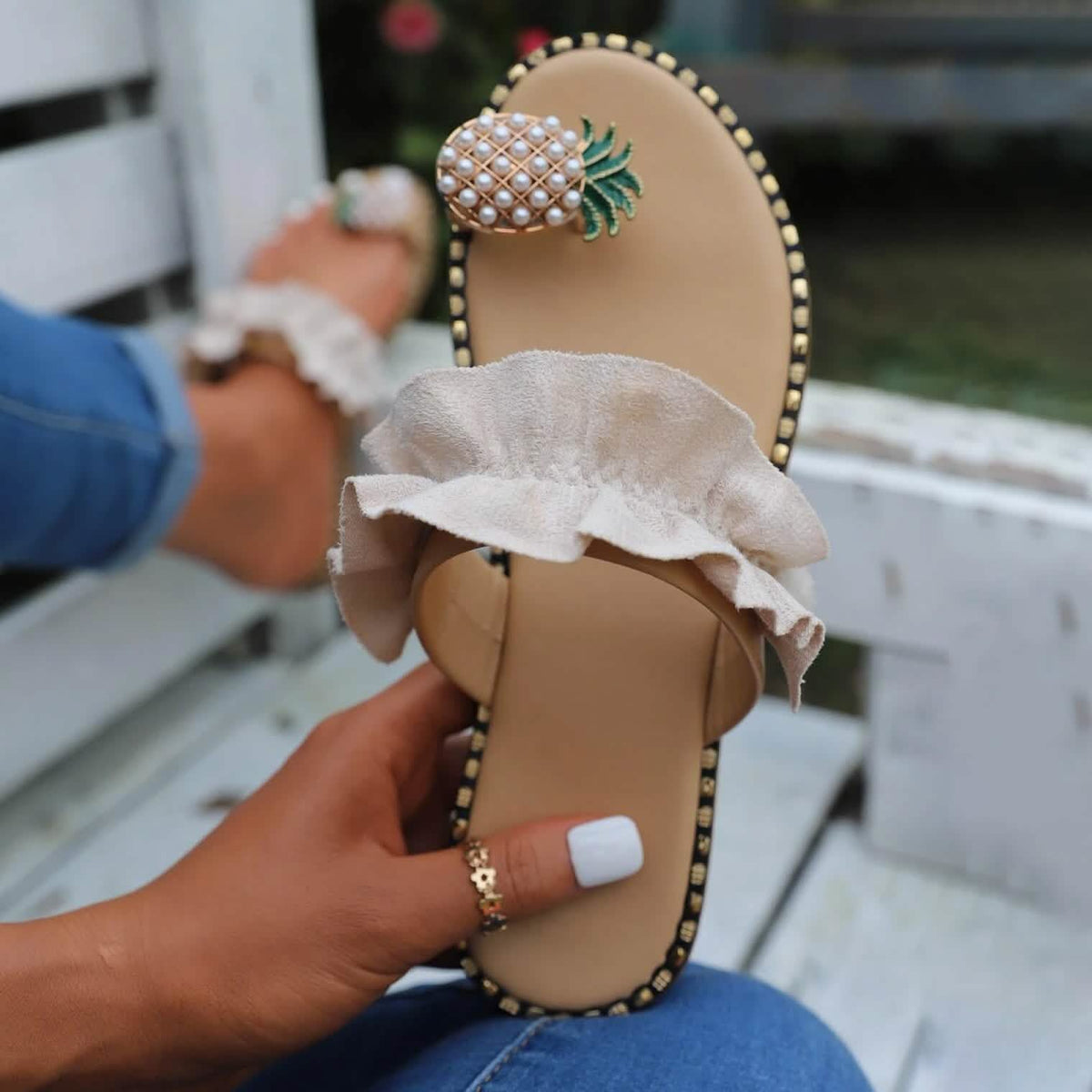 Faux Pearl & Pineapple Decor Toe Post Thong Sandals Apricot Women's Shoes - Tophatter Daily Deals