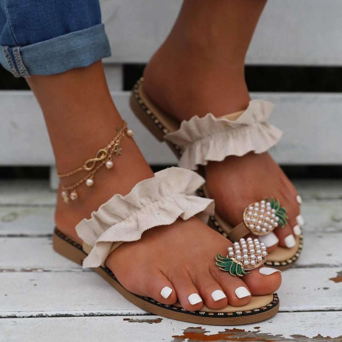 Faux Pearl & Pineapple Decor Toe Post Thong Sandals Women's Shoes - Tophatter Daily Deals