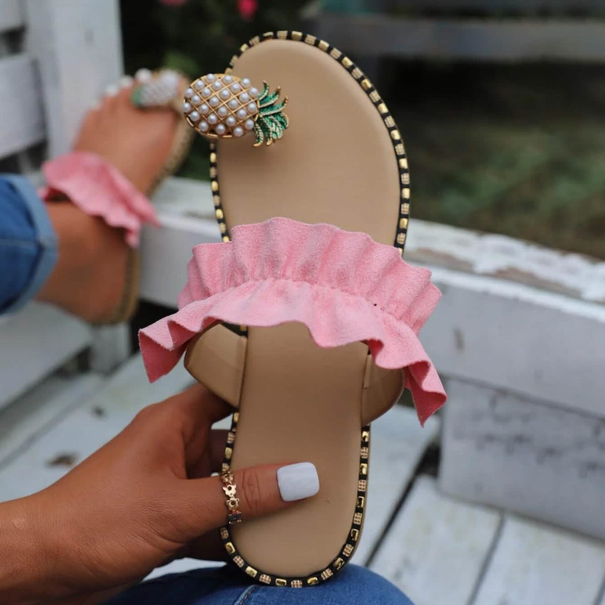 Faux Pearl & Pineapple Decor Toe Post Thong Sandals Pink Women's Shoes - Tophatter Daily Deals