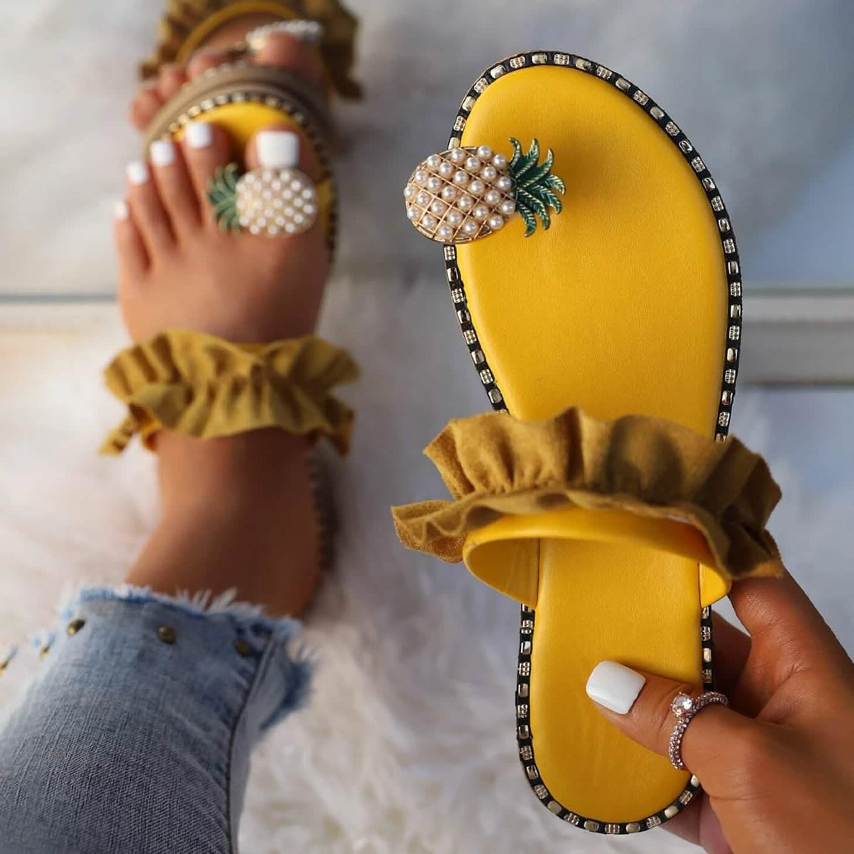 Faux Pearl & Pineapple Decor Toe Post Thong Sandals Yellow Women's Shoes - Tophatter Daily Deals