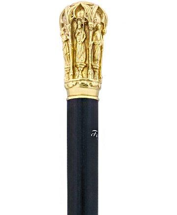 14K Gold Roman Cathedral Antique Reproduction Knob Handle Walking Stick With Stamina Wood Shaft