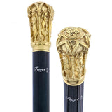 14K Gold Roman Cathedral Antique Reproduction Knob Handle Walking Stick With Stamina Wood Shaft