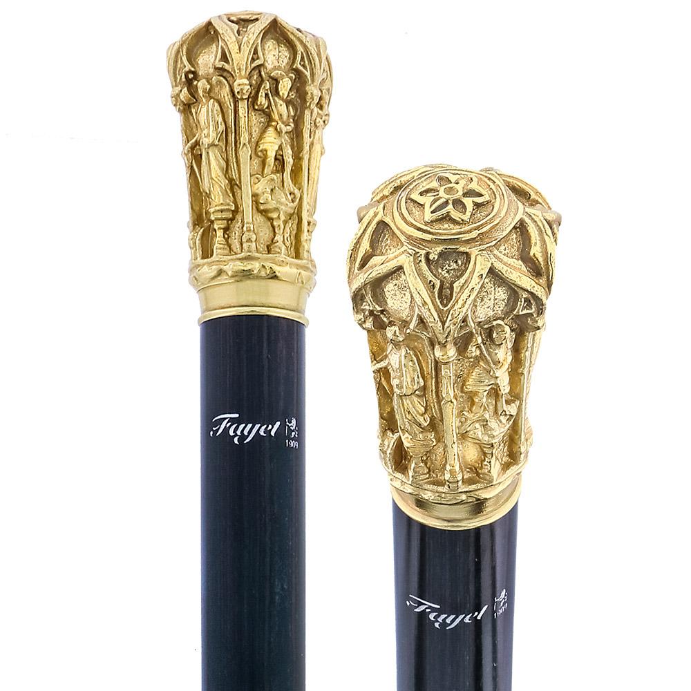 14K Gold Roman Cathedral Antique Reproduction Knob Handle Walking Stick With Stamina Wood Shaft