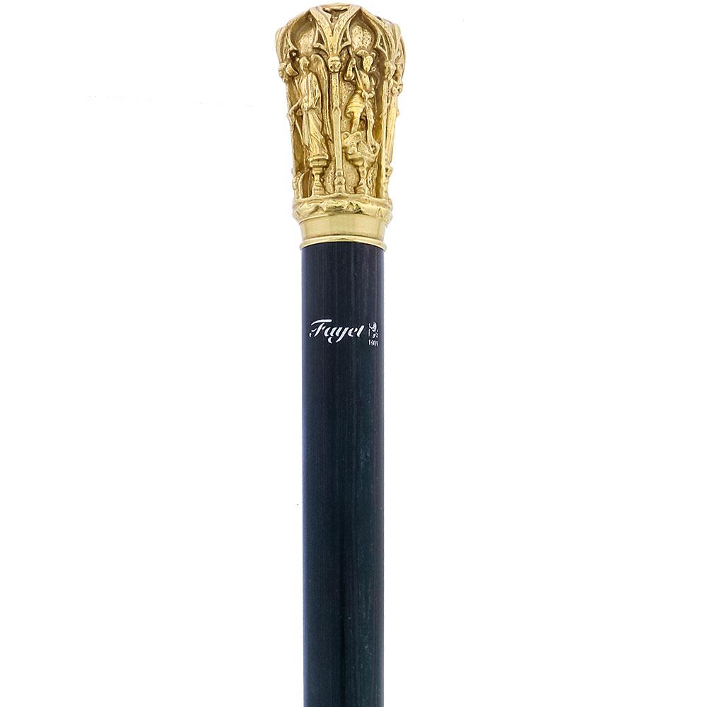 14K Gold Roman Cathedral Antique Reproduction Knob Handle Walking Stick With Stamina Wood Shaft