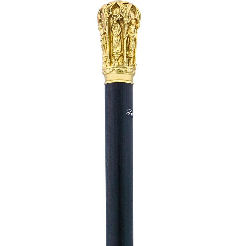 14K Gold Roman Cathedral Antique Reproduction Knob Handle Walking Stick With Stamina Wood Shaft
