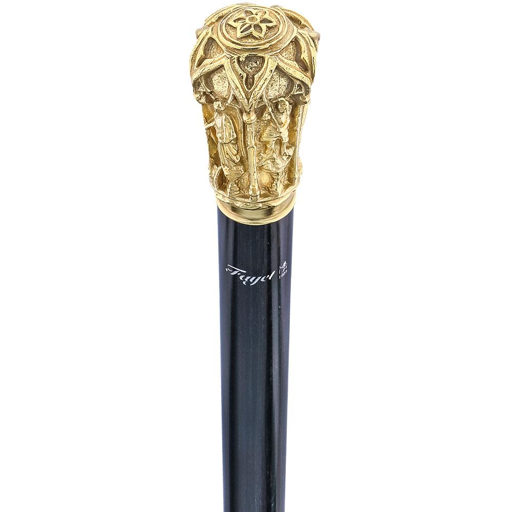 14K Gold Roman Cathedral Antique Reproduction Knob Handle Walking Stick With Stamina Wood Shaft