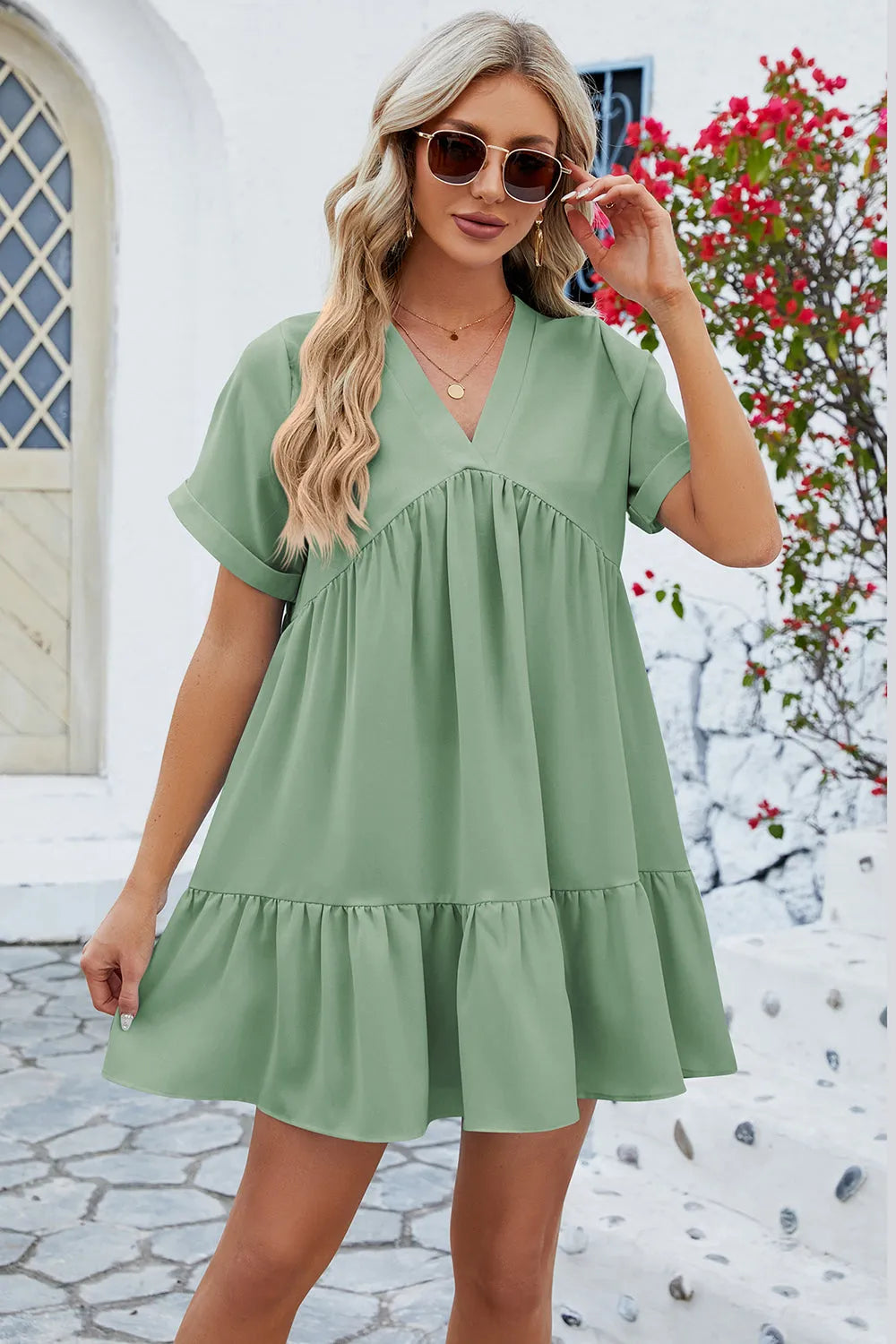 Ruched Tiered V-Neck Short Sleeve Mini Dress Gum Leaf Casual Dresses - Tophatter Daily Deals