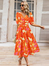 Ruched Printed Surplice Short Sleeve Dress Orange Casual Dresses - Tophatter Daily Deals