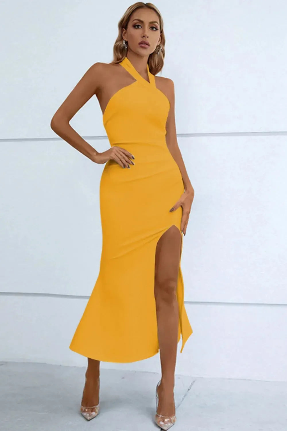 Halter Neck Split Fishtail Bodycon Dress Yellow Cocktail Dresses - Tophatter Daily Deals