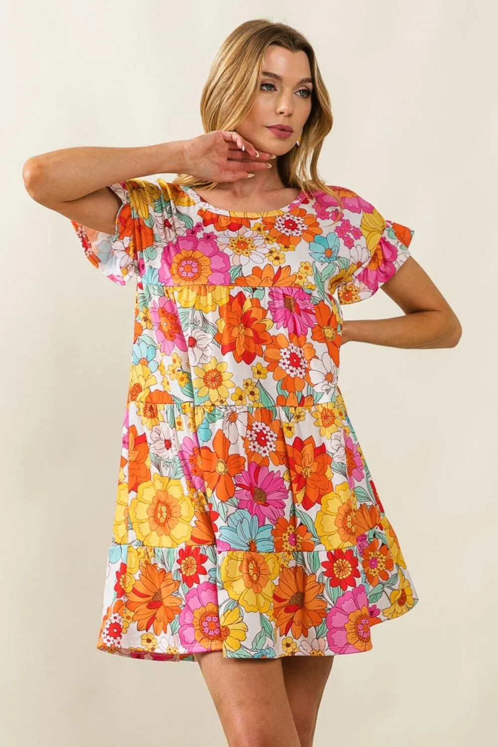 BiBi Floral Short Sleeve Tiered Dress Casual Dresses - Tophatter Daily Deals