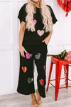 Heart Sequin Short Sleeve Top and Drawstring Pants Lounge Set Black Loungewear Sets - Tophatter Daily Deals