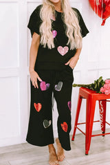 Heart Sequin Short Sleeve Top and Drawstring Pants Lounge Set Black Loungewear Sets - Tophatter Daily Deals
