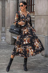 Floral Surplice Tie Front Ruffle Hem Midi Dress Black Casual Dresses - Tophatter Daily Deals